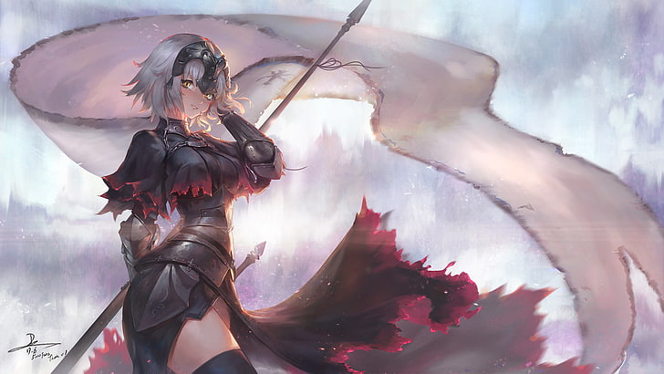 Fate / Grand Order, Jeanne d' arc alter, 짧은 머리, 흰머리, 주황색 눈, 갑옷, 허벅지 최고, 무기, 창, 검, HD 배경 화면