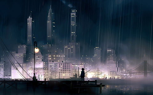 иллюстрация городских зданий, силуэт мальчика, стоящего перед зданиями в ночное время, аниме, пейзаж, городской пейзаж, дождь, фонарь, ночь, HD обои HD wallpaper