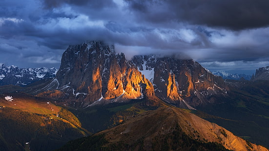 paesaggio montagna, paesaggio, montagne, picco nevoso, nuvole, tramonto, foresta, Italia, Alpi, natura, Sfondo HD HD wallpaper