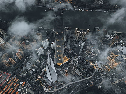 сиви и бели бетонни сгради, архитектура, градски пейзаж, Шанхай, облаци, небостъргач, HD тапет HD wallpaper