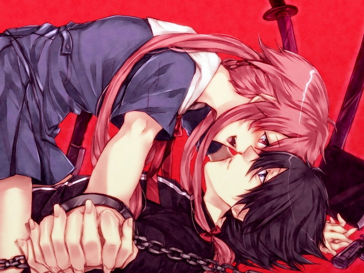 male and female anime characters illustration, boy, girl, handcuffs, chains, passion, HD wallpaper