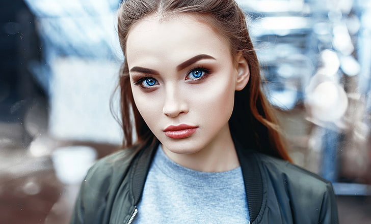 Frauen, blaue Augen, Porträt, Gesicht, Schärfentiefe, Anastasia Lis, Jacke, Brünette, Model, HD-Hintergrundbild