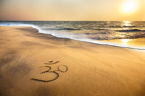 brun sand, sand, hav, strand, solnedgång, strand, hav, indisk, om-symbol, brahma, HD tapet HD wallpaper