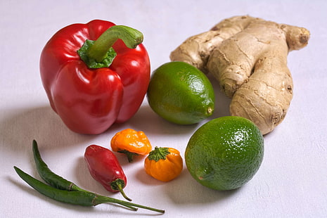 в, лют червен пипер, цветен, кухня, диета, хранене, храна, прясно, градина, джинджифил, зелен, здравословен, съставка, вар, хранене, естествен, хранене, органичен, чушки, суров, червен, зрял, салата, лято, вкусно, тайландски, зеленчукови, вегетариански, витамини, HD тапет HD wallpaper