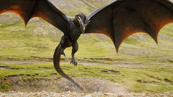 снимка на кафяв дракон, летящ близо до зелена планина, дракон, Игра на тронове, HD тапет