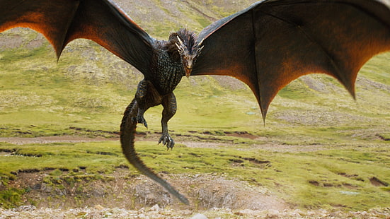 снимка на кафяв дракон, летящ близо до зелена планина, дракон, Игра на тронове, HD тапет HD wallpaper