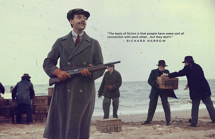 мужской серый костюм, Boardwalk Empire, Richard Harrow, цитата, Джек Хьюстон, оружие, пляж, HD обои