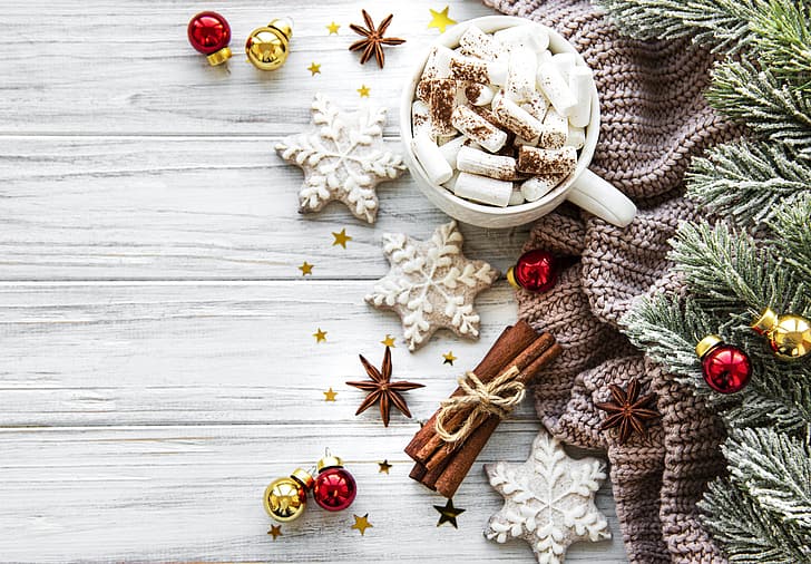 snö, dekoration, jul, mugg, nyår, årgång, vinter, tröja, kakao, kakor, mysig, gran, varm choklad, marshmallow, grangrenar, marshmallows, HD tapet
