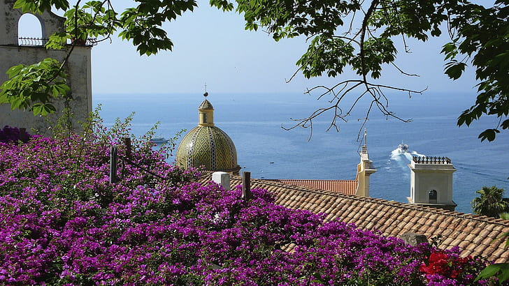 Italy, Salerno, Italy, trees, flowers, house, roof, ship, Positano, Salerno, sea, mountain, the dome, HD wallpaper