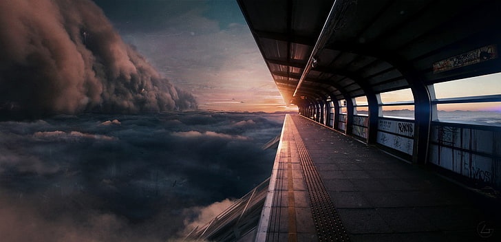 stacja kolejowa, sylwetka na tle nieba, futurystyczny, chmury, stacja kolejowa, klif, krajobraz, statek kosmiczny, Tapety HD
