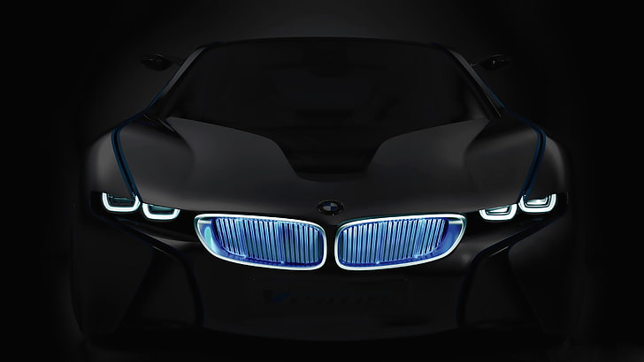 Vehículo BMW negro, luces, rejilla, silueta, emblema, Boomer, BMW i8, Fondo de pantalla HD