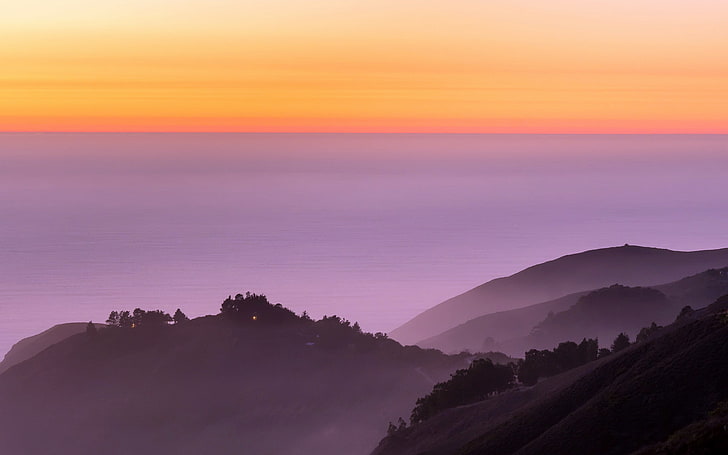 Krajobraz, ocean, przyroda, zachód słońca, mgła, Big Sur, Calfornia, Tapety HD
