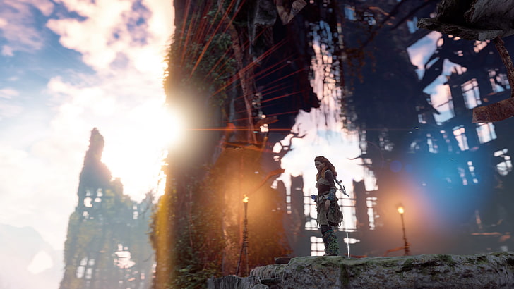 kobieta stojąca w pobliżu budynku, Horizon: Zero Dawn, 4K, gry wideo, grafika cyfrowa, Horizon: Zero Dawn, Tapety HD