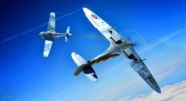 The second World war, Dogfight, piston fighter, Spitfire Mk.IX, Fw-190A-8, HD wallpaper