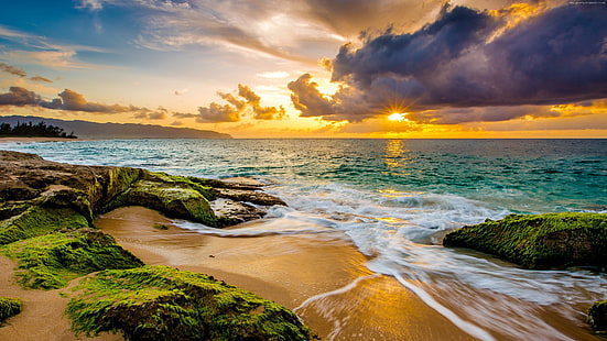 céu, 4K, pôr do sol, Havaí, praia, costa, oceano, HD papel de parede HD wallpaper