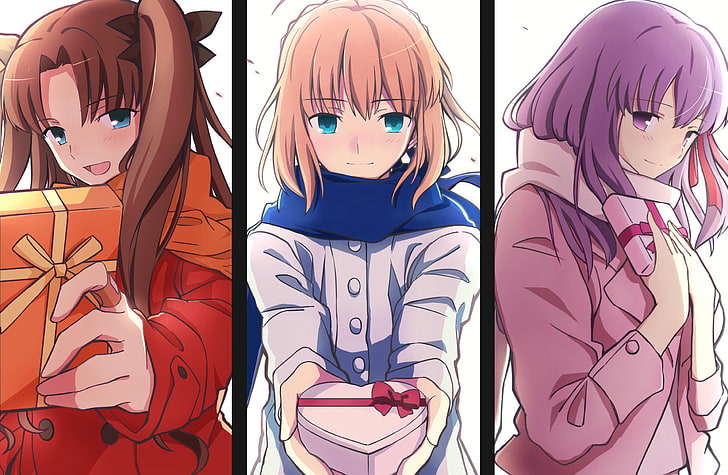 Fate Series, Fate / Stay Night, аниме момичета, Sabre, Arturia Pendragon, Tohsaka Rin, Matou Sakura, HD тапет