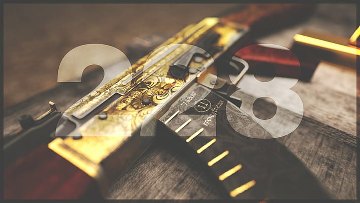emas, pistol, angka, AKM, Wallpaper HD