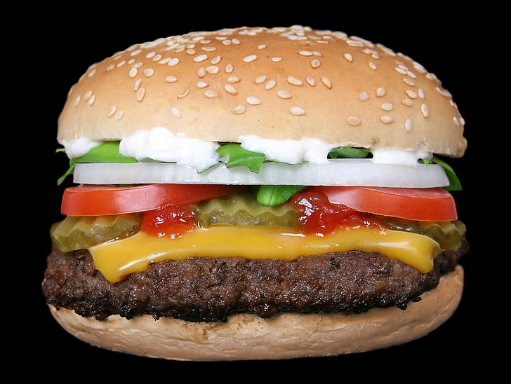 beef, bread, bun, burger, cheeseburger, fast food, food, lettuce, meat, onion, tomato, HD wallpaper