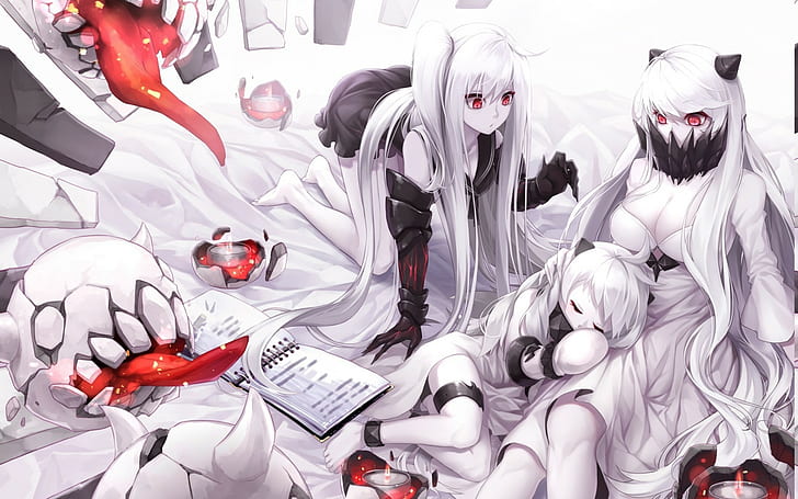 Kantai Collection, Aircraft Carrier Hime, Northern Ocean Hime, аниме момичета, бяла коса, червени очи, HD тапет