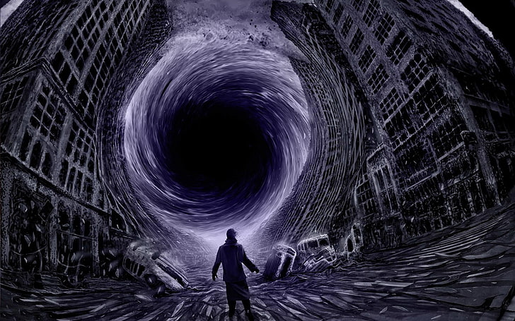 man standing in front of blackhole painting, black holes, warp, artwork, men, Vitaly S Alexius, digital art, HD wallpaper