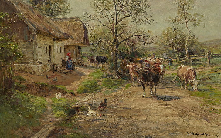 German painter, oil on canvas, Carl Stuhlmuller, Karl Chair Müller, Cowherd with herd in front of farm homestead, Cowherd with the herd in front of farmhouse, Shepherd with flock in front of the estate, HD wallpaper