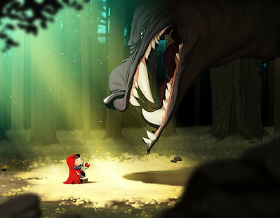 ไม้, หนูน้อยหมวกแดง, หมาป่า, ป่า, วอลล์เปเปอร์ HD HD wallpaper