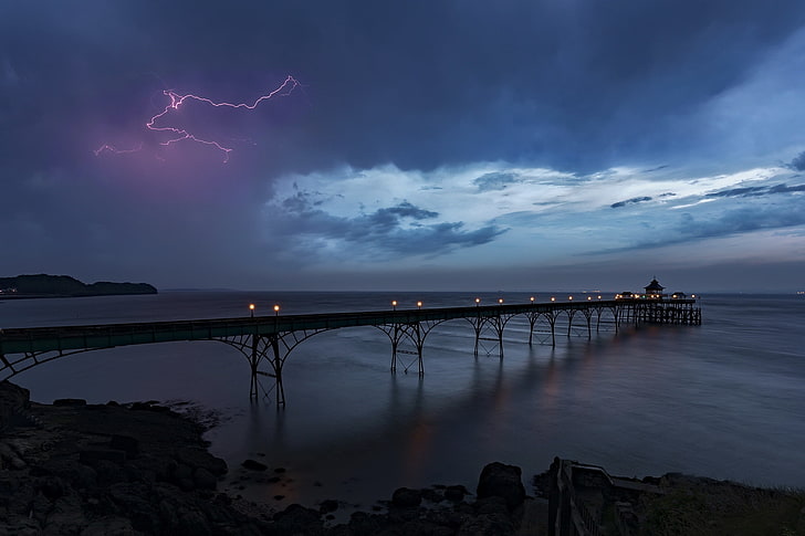 lightning, storm, pier, sea, sky, HD wallpaper