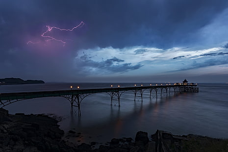 lightning, storm, pier, sea, sky, HD wallpaper HD wallpaper