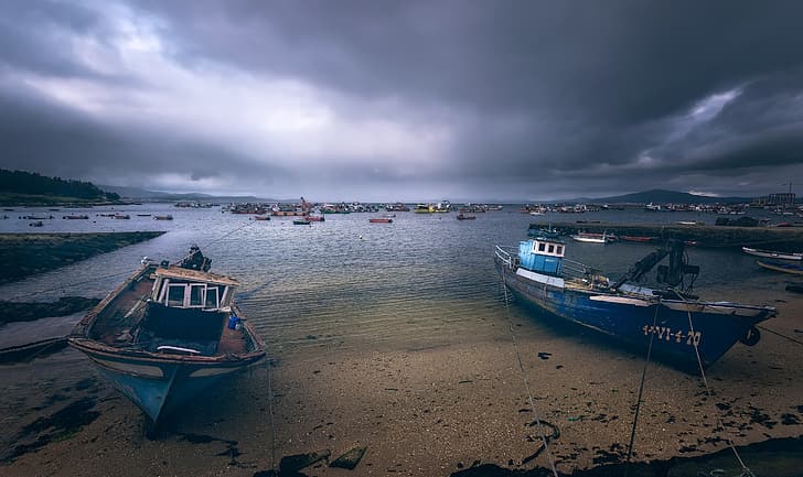 coast, vehicle, sky, boat, Galicia, HD wallpaper