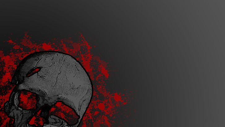 illustration de crâne gris, minimalisme, fond gris, crâne, art numérique, éclaboussures, rouge, oeuvre, Fond d'écran HD