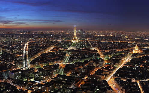 夜、パリのライトアップされた都市、ライト、町、背景で見たパリ、 HDデスクトップの壁紙 HD wallpaper