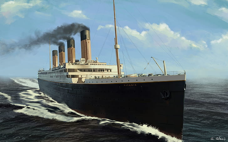 Океанът, морето, фигура, Титаник, корабът, нос, рисуване, изобразяване, резервоар, RMS Titanic, круизен лайнер, White Star Line, от Артуро Алан, HD тапет