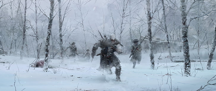 papel de parede digital de personagens do jogo, inverno, floresta, árvores, soldados, assassino, Radunhageydu, Assassin's Creed 3, Assassin's Creed III, Connor Kenuey, HD papel de parede