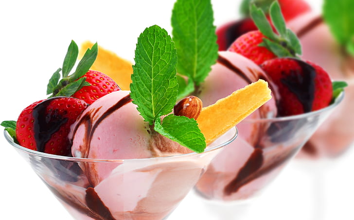 Ice Cream, Strawberry, Food, Close Up, ice cream, strawberry, food, close up, HD wallpaper