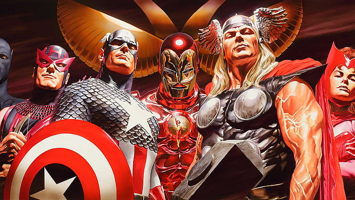 red and white floral textile, The Avengers, Thor, Captain America, Iron Man, Hawkeye, Scarlet Witch, The Wasp, Alex Ross, HD wallpaper