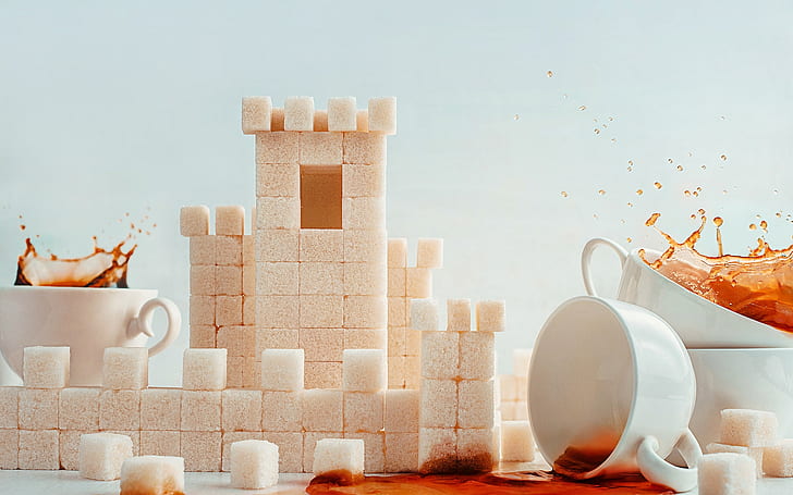 Sugar Cubes and Coffee Cups, sugar cubes lot, sugar, sugar cubes, coffee, coffee cups, HD wallpaper