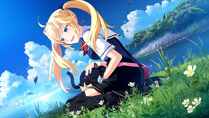 blondes clouds cats blue eyes grass skirts rivers anime girls 1920x1080  Nature Rivers HD Art , Clouds, blondes, HD wallpaper