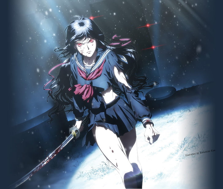 anime girl character holding katana digital wallpaper, Blood-C, anime, skirt, katana, anime girls, sword, HD wallpaper