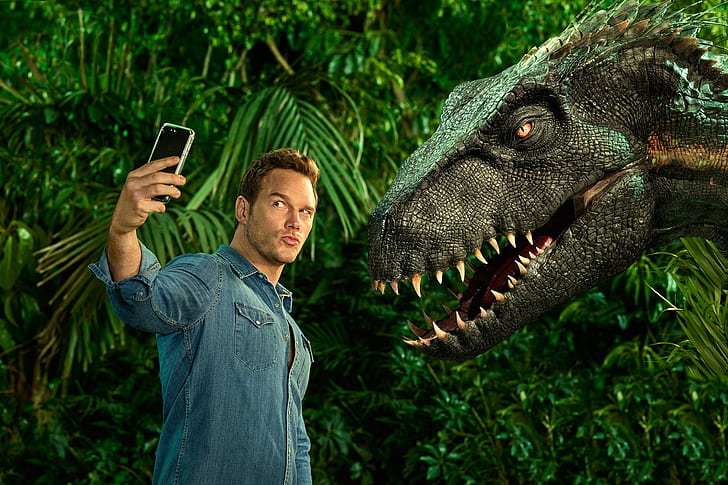 динозавр, телефон, мужчина, Крис Пратт, В Юрском Мире Падшего Королевства, HD обои