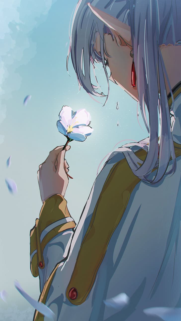 Imori, Sousou No Frieren, anime girls, pointy ears, elves, white flowers, Frieren (Sousou no Frieren), white hair, flowers, long sleeves, earring, petals, simple background, HD wallpaper