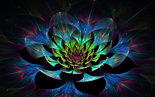 Illustrazione del mandala blu e verde del fiore di loto 3D, progettazione, arte, loto, petali del loto, Sfondo HD HD wallpaper