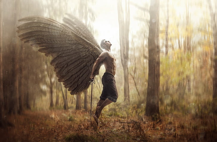 uomini, fantasy art, angelo, ali, senza camicia, Sfondo HD