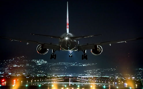 飛行機、着陸、空港、日本、ライト、風景、夜、都市景観、大阪、技術、 HDデスクトップの壁紙 HD wallpaper