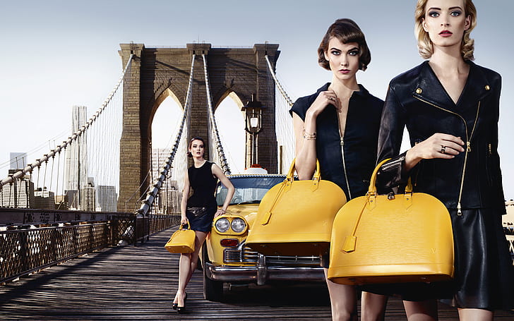 Karlie Kloss, Monika Jagaciak, fashion, Louis Vuitton, legs, Brooklyn Bridge, New York City, taxi, HD wallpaper