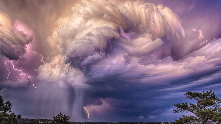 雲海、紫と白の雲の絵、雷、雲、自然、木、風景、嵐、 HDデスクトップの壁紙