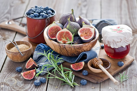 diversi frutti, fichi, mirtilli rossi, marmellata, miele, Sfondo HD HD wallpaper