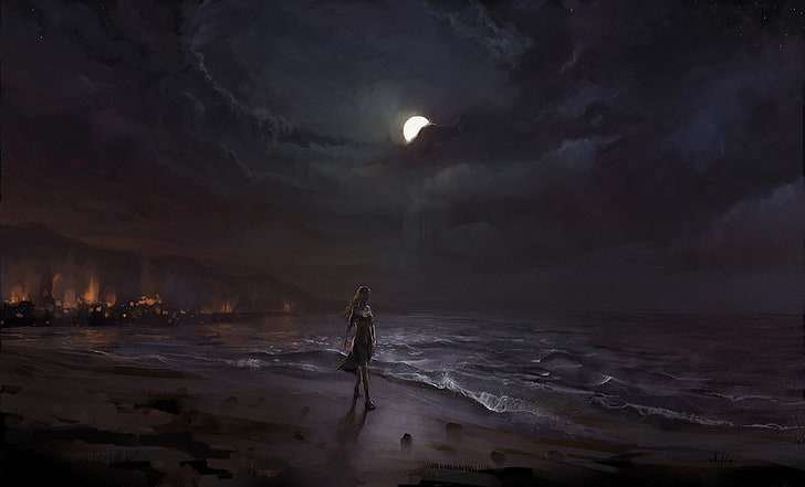 woman walking near shoreline digital wallpaper, sand, sea, girl, night, the moon, shore, art, surf, walk, HD wallpaper