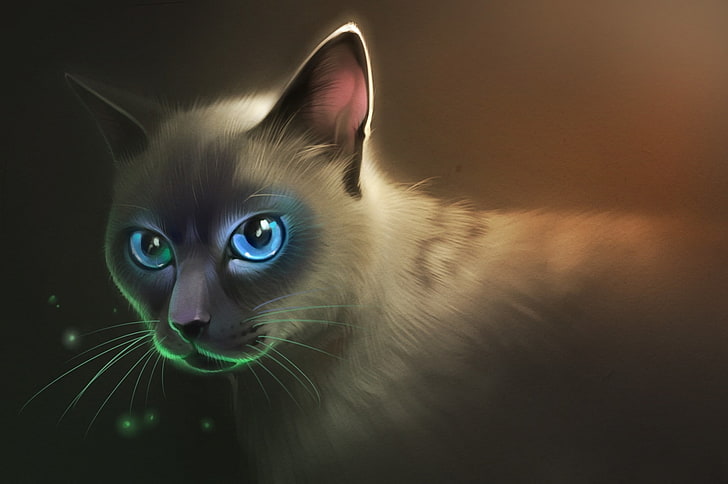 сива и кафява илюстрация на котка, котка, поглед, пухкав, изкуство, сини очи, HD тапет