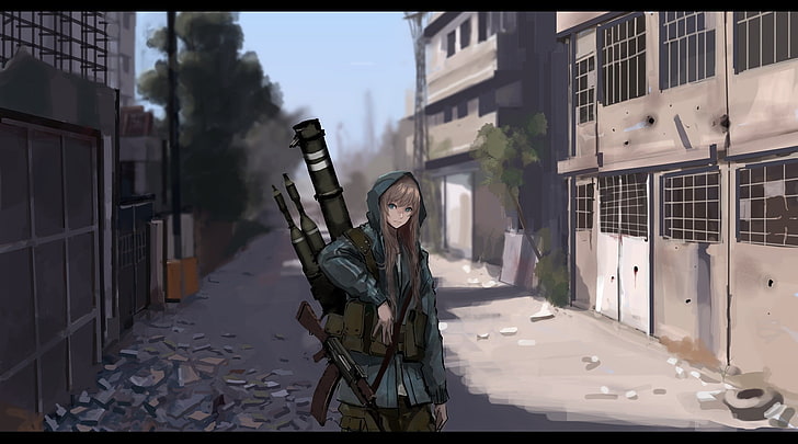anime, meninas anime, arma, arma, cabelos longos, HD papel de parede