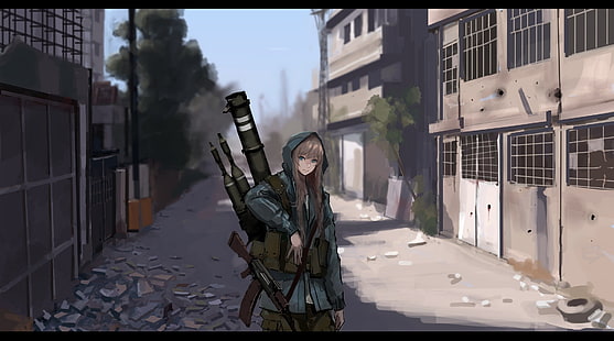 аниме, аниме девушки, пистолет, оружие, длинные волосы, HD обои HD wallpaper